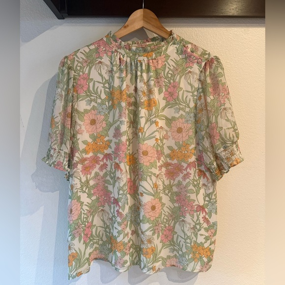 Vince Camuto Multicolor Pastel Floral Smocked Neck Sleeve Blouse, Size XL - Picture 2 of 11
